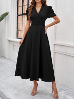 Primavera Verano elegante cintura con cuello en V Color sólido vestido de manga corta moda mujer - details 15