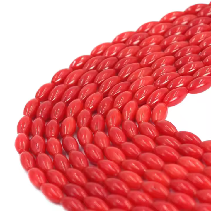 4x8mm forma de arroz oliváceo rojo Natural mar bambú Coral suelto DIYJewelry hacer cuentas de semillas hebra 15" - 1
