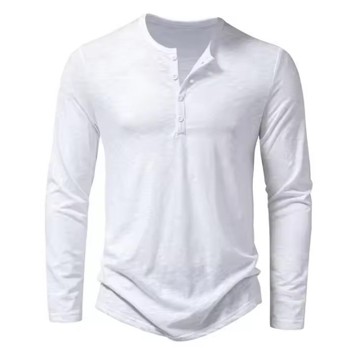 Camisa de cuello Henley de algodón para hombre, camisetas de moda de color sólido con botones informales de manga larga - 1