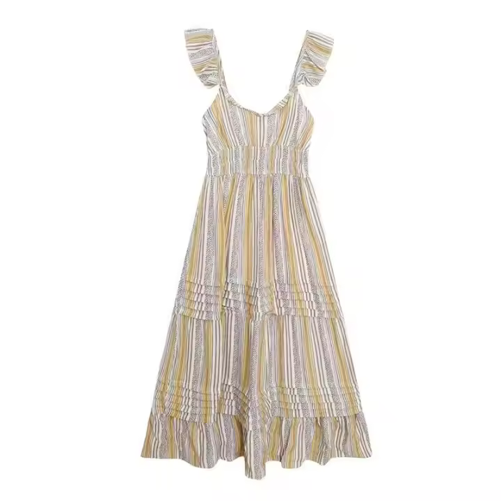 Vestido de tirantes con volantes dulce y femenino para comercio exterior, vestido Midi ajustado de cintura alta con forro para verano - 1