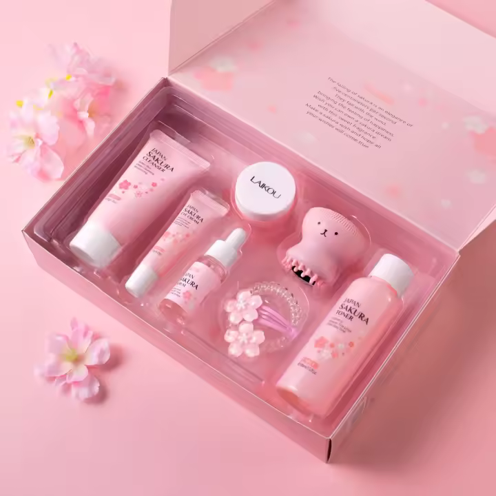 Juego de cuidado de la piel Sakura, limpiador, tóner, suero, crema para los ojos, crema Facial, Clip para el cabello y corbata, cepillo de limpieza Facial - 1