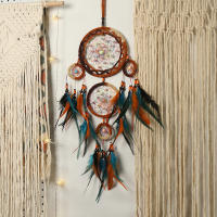 Atrapasueños de cinco anillos con lazo indio creativo para niña, atrapasueños, adornos colgantes para el hogar, flecos de plumas dobles - details 3