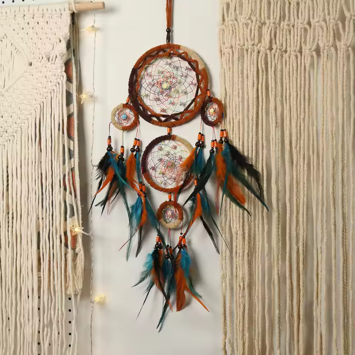 Atrapasueños de cinco anillos con lazo indio creativo para niña, atrapasueños, adornos colgantes para el hogar, flecos de plumas dobles - 1