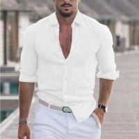 Camisa de algodón y lino para hombre, camisa informal de moda con cuello tipo Polo para playa, camisas de manga larga hawaianas sólidas para vacaciones, novedad de 2025 - details 2