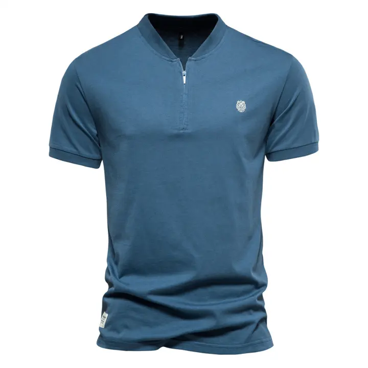 Nueva camiseta de manga corta de algodón puro con cuello en V y cremallera para hombre, camiseta deportiva bordada de color sólido para hombre - 1