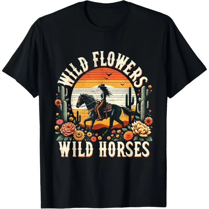 Sunset Cowgirl Riding Horse Wild Flowers - Camiseta de caballos salvajes para hombre - 1