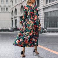 Vestido plisado con manga larga y cuello en V para mujer, estampado verde, - details 3