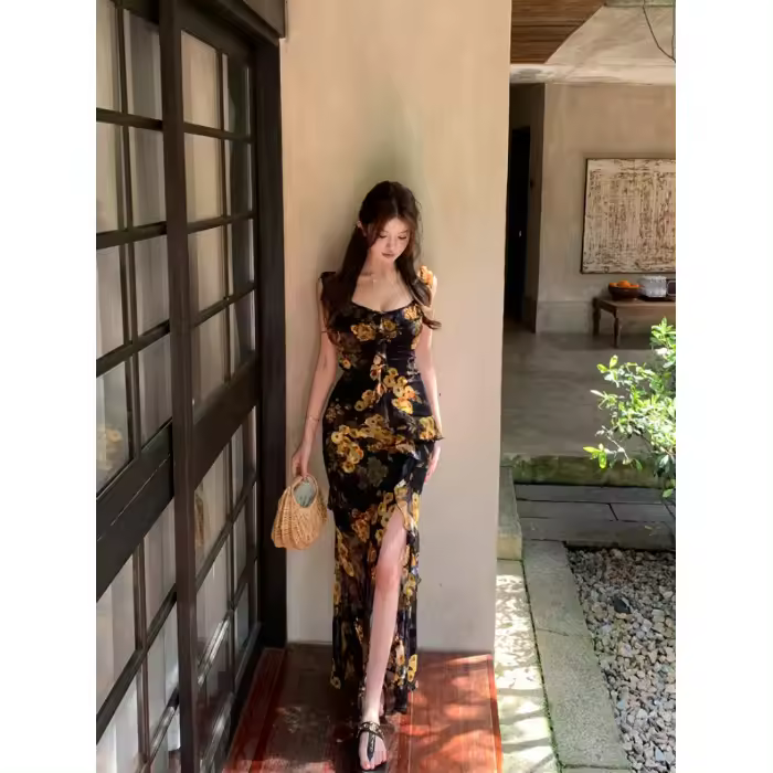 Vestido Vintage Floral con tirantes para mujer, falda larga con volantes elegantes, ajustada, con control de cintura, adelgazante, dividida - 1