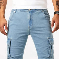 Jeans de Cargo de Denim Pantalones Casuales para Hombres de Cintura Media, Ajuste Delgado, Múltiples Bolsillos, Color Sólido - details 4
