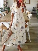 Vestido largo bohemio de verano para mujer, vestidos Vintage con estampado ral y manga con cuello en V, vestido de playa holgado informal con cordón para mujer - details 13