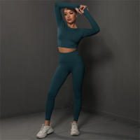 Conjuntos de gimnasio para mujeres 2 piezas manga larga ropa de yoga top cropped costilla alta leggings sin costuras material elástico para primavera/verano - details 19