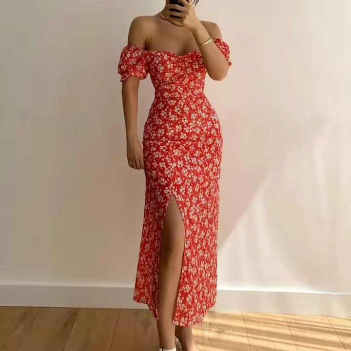 Un escote único festivo, una cintura delgada con un temperamento de apertura y un vestido floral de talla grande para mujer. - 1