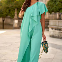 Vestido de moda de color sólido para mujer con hombros inclinados y manga larga suelta - details 2