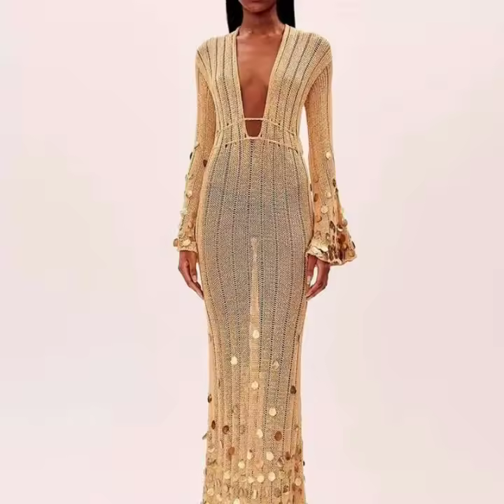 Vestido Maxi de Punto con Lentejuelas Cuello Profundo, Cintura Alta, Manga Larga, Robe de Fiesta Transparente Moda para Mujeres 2025 - 1