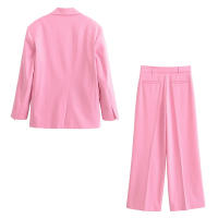 TRAFZA-Conjunto de 2 piezas rosa para mujer, chaqueta con solapa, manga larga, bolsillo, con cordones, Top + pantalones de pierna ancha con cremallera de cintura alta - details 3