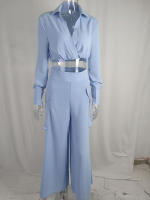 Women casual 2 pieces set elegant turn down collar long sleeve shirt and wide leg pants - details 10