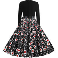 Women plaid print long sleeve vintage a line party dress v neck - details 155