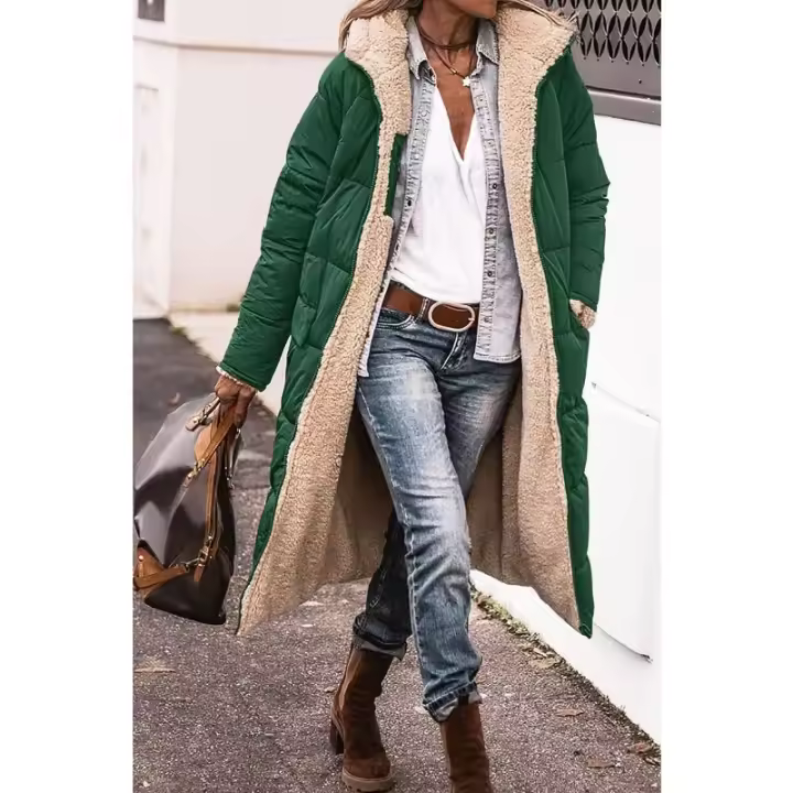 Chaqueta de Invierno de Largo con Capucha de Sherpa Reversible Cálida, Cierre de Cremallera, Forro de Poliéster Ideal para Mujeres - 1