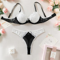Conjunto de lencería sexy en contraste blanco y negro de 2 piezas translúcido con bordado de lazo de corazón, sujetador y braga para mujer - details 13