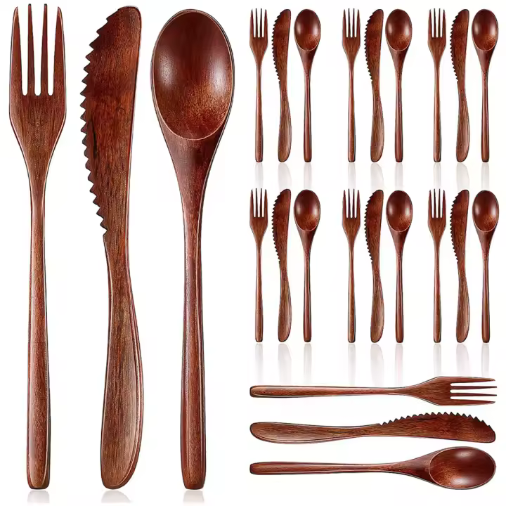 Juego de cubiertos de madera, cuchara, tenedor, cuchillo, vajilla de cocina, 24 piezas - 1