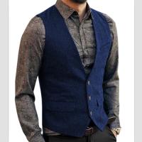 Chaleco de traje para hombre, chaleco azul de mezcla de lana con una hilera de botones, chaleco vaquero, chaqueta ajustada informal Formal de negocios - details 10