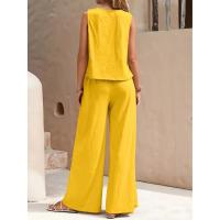 Conjunto de chaleco de cuello redondo y pantalones de pierna ancha para mujer, elegante, de dos piezas, color sólido, 2025 - details 6
