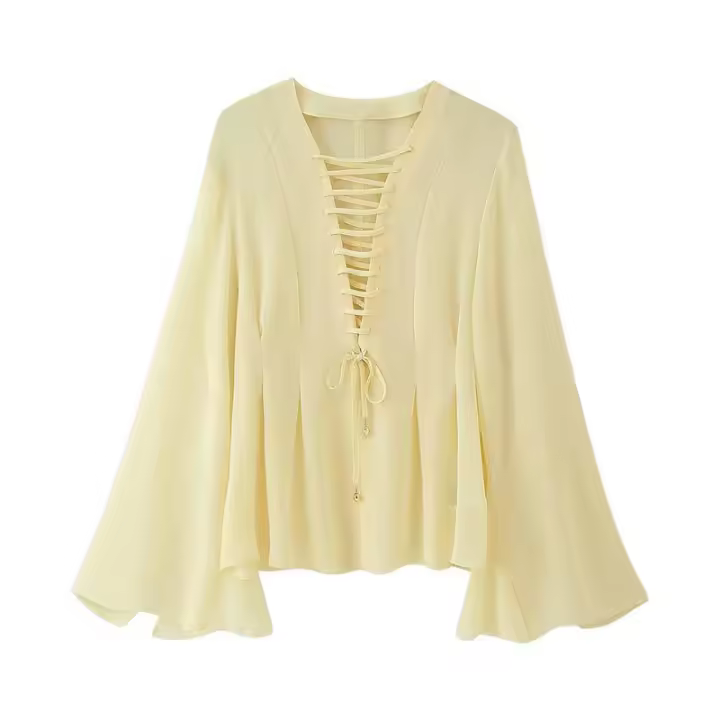 Camiseta Holgada con Cordones para Mujer OUWU Cuello en V, Mangas Acampadas, Color Sólido, Top Informal Simple Irregular, Blusa Elegante de Verano para Mujer - 1