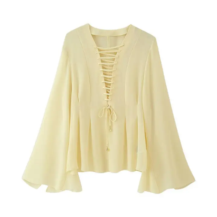 Camiseta Holgada con Cordones para Mujer OUWU Cuello en V, Mangas Acampadas, Color Sólido, Top Informal Simple Irregular, Blusa Elegante de Verano para Mujer - 1