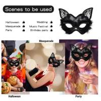 Máscara de bola de maquillaje veneciana, máscara de cara de gato de encaje negro, máscara de ojos para mascarada, tocado de Cosplay para fiesta de Navidad, máscara de lujo para Halloween - details 0