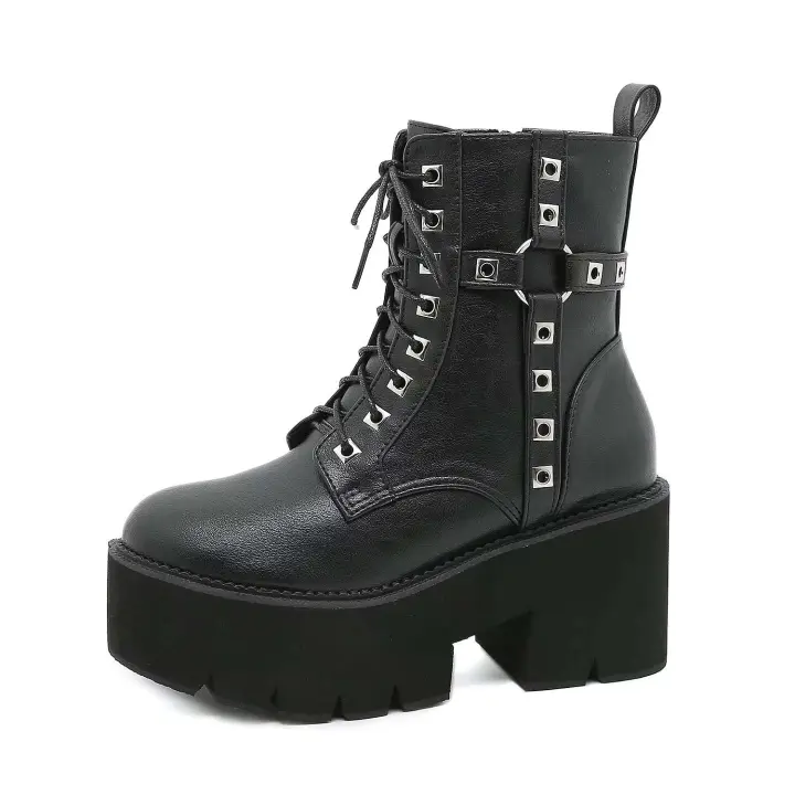Dropshipping Logo gótico zapatos de tacón bajo para mujer moda remache tobillo botas Martin de fondo grueso - 1
