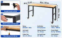 SucceBuy Banco de trabajo de altura ajustable, mesa de garaje con tomas de corriente, tapa de madera dura, estructura de metal, ruedas giratorias - details 1