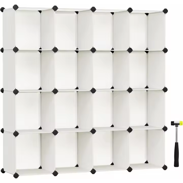 Armario Modular, Armario 16 Cubos, Zapatero Modular, Cubos Apilables, Estante de Plástico PP, Divisor Armario, para Dormitorio, Oficina, 31 x 123 x 123 cm, Marrón Rústico - 1