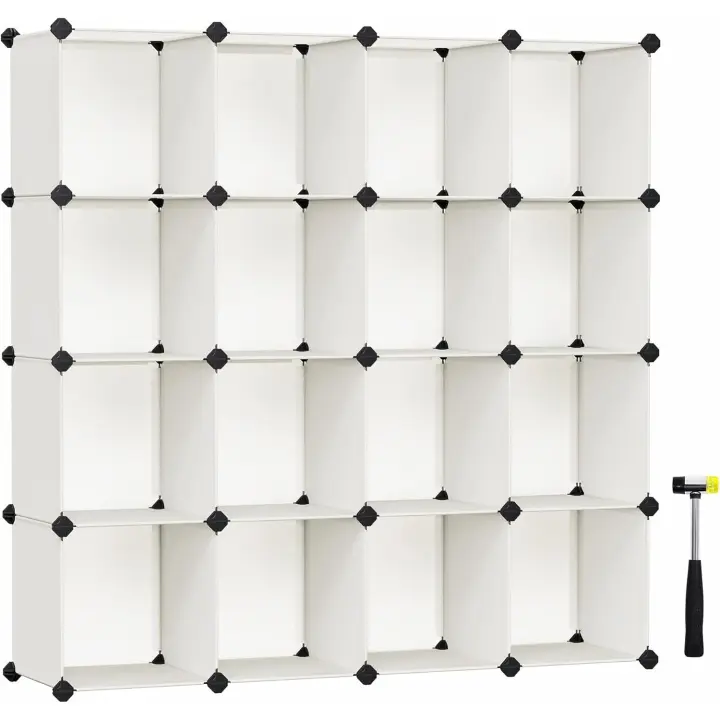 Armario Modular, Armario 16 Cubos, Zapatero Modular, Cubos Apilables, Estante de Plástico PP, Divisor Armario, para Dormitorio, Oficina, 31 x 123 x 123 cm, Marrón Rústico - 1