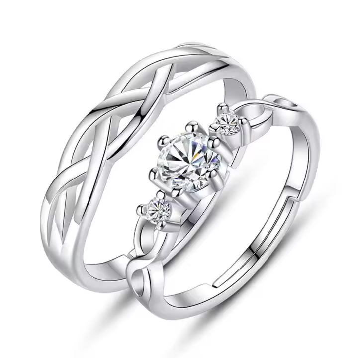 Anillo de compromiso de lujo para hombres y mujeres, anillos de boda de cobre, anillos de pareja de cristal chapado en oro blanco, 2 piezas por juego - 1