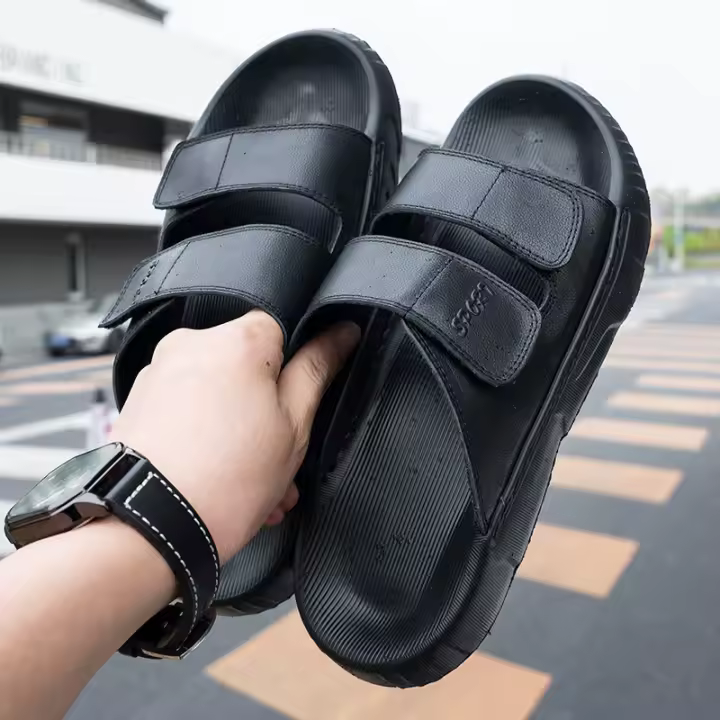 Nueva ropa exterior sandalias de una palabra Velcro zapatos de playa de cuero de suela blanda con suela plana hombres - 1