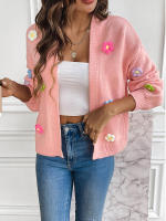 Cárdigan recortado de flores tridimensionales para mujer, cuello en V, botonadura única, manga larga, Tops, suéter de otoño 2023 - details 1