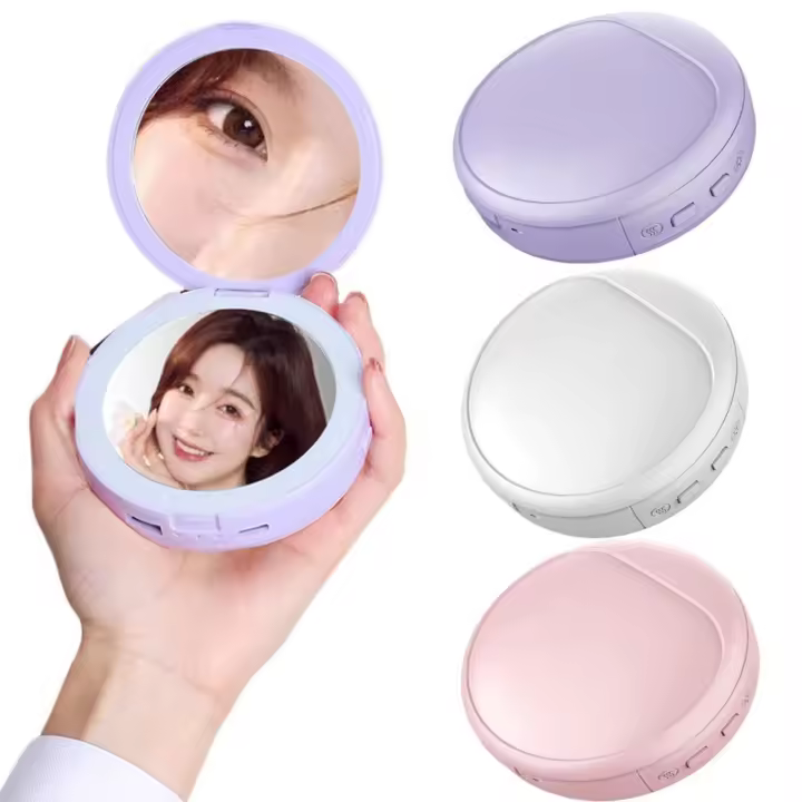 Espejo de maquillaje LED 4 en 1 de energía móvil, lupa 3x, espejo de tocador iluminado con luz de 2 colores, 3 modos de calefacción, batería de gran capacidad - 1