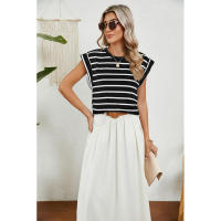 BUNO-2025 Tops para mujer, pantalón corto informal de moda de verano, camisetas básicas con textura a rayas de Color sólido y cuello redondo - details 75