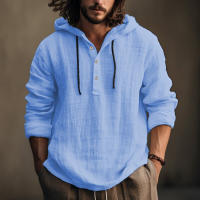 Sudadera con capucha de manga larga para hombres Top de verano ligero con botones y cordón, casual para la playaTCamisa - details 2