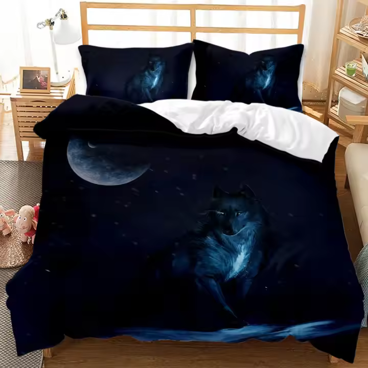 Juegos de cama de lobo 3D Galaxy Wolf Blue Moonlight Queen/Full/Twin/King Size 3 piezas funda nórdica para adolescentes funda de edredón - 1