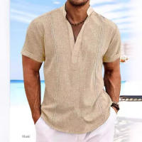 Camisa de manga corta para hombre, top de algodón y lino, color sólido, verano, europeo y americano - details 5