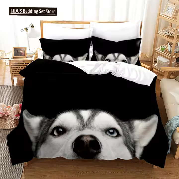 Juego de funda nórdica con estampado de perro en 3D, tamaño King Queen, juego de cama para niños y adolescentes, funda de edredón de poliéster para cachorros y mascotas, color negro - 1
