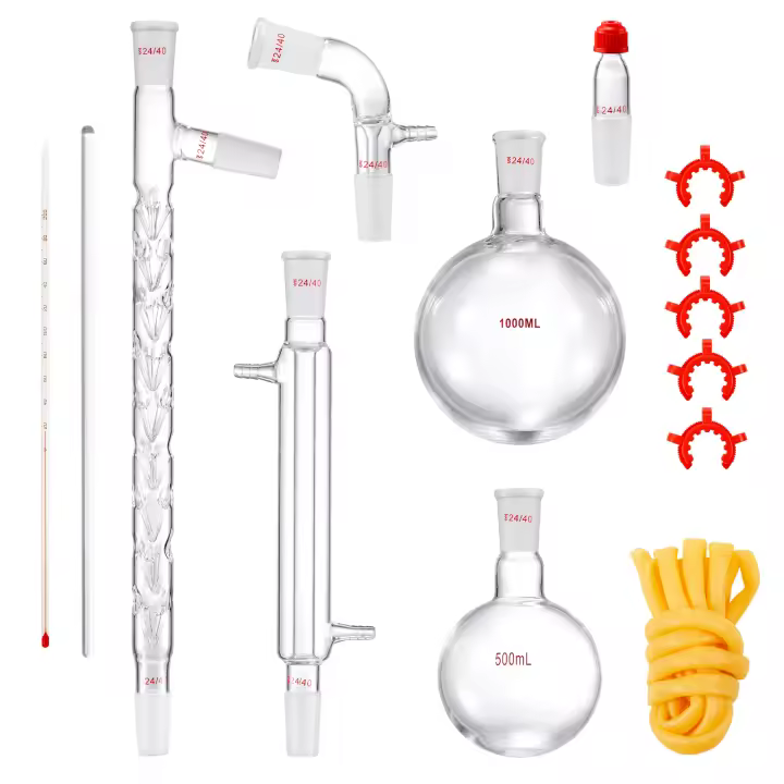 SucceBuy 3.3 Boro Lab Kit de destilación, aparato de aceite esencial de 1000 ml, juego de cristalería con junta 24/40 para uso en laboratorio - 1