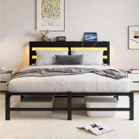 Marco de cama doble con estación de carga y luces LED, plataforma de metal resistente, marco de cama doble de 135 x 190 cm con cabecero de madera con almacenamiento, no necesita - details 34