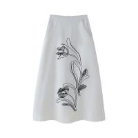 BUNO-Falda blanca elegante con bordado Floral negro, falda de verano para mujer, falda larga holgada con bolsillos de cintura alta - details 1