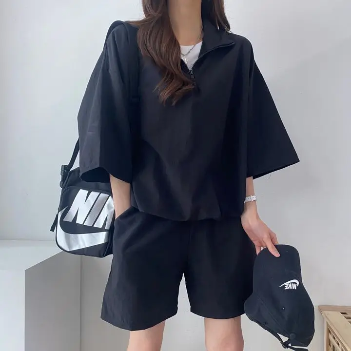 Nuevo Conjunto de Pantalones Cortos de Manga Corta para Mujer 2025 Moda de Verano Deportiva Casual con Cremallera y Cuello Alto - 1