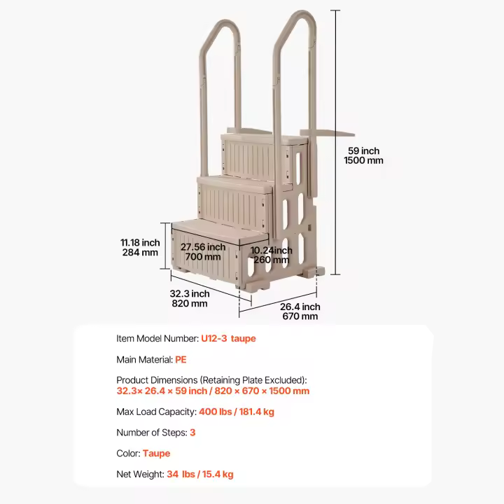SucceBuy Escalera para piscina, con pasamanos dobles, escalones antideslizantes y resistentes, para piscinas enterradas y elevadas - 1