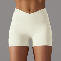 Hamidou-pantalones cortos de gimnasio cruzados para mujer, pantalones cortos de Yoga con bolsillos, mallas de entrenamiento para mujer, pantalones cortos de cintura alta, realce de glúteos - details 15