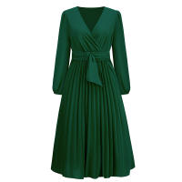 Vestidos largos informales para mujer, manga larga con cuello en V, cintura alta, Maxi, Verde - details 7