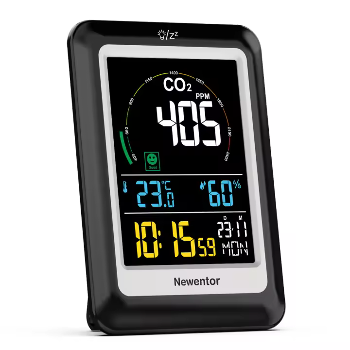 Newentor Reloj de Alarma y Sensor de Temperatura y Humedad Monitor CO2 para Aire Interior Calidad de Aire 400-5000ppm Para Hogar Oficina RV Estacion Standing - 1